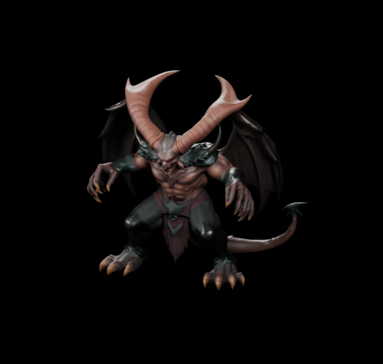 Na-render na preview ng isang higanteng demon boss 3D na modelo na may malalaking sungay, pakpak, buntot, at naka-armurang balikat