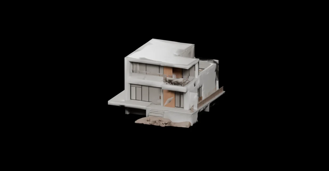 Pinapakitang preview ng isang modernong villa sa gilid ng burol na 3D modelo na may mga bintanang salamin, puting konkretong dingding, at isang terraza