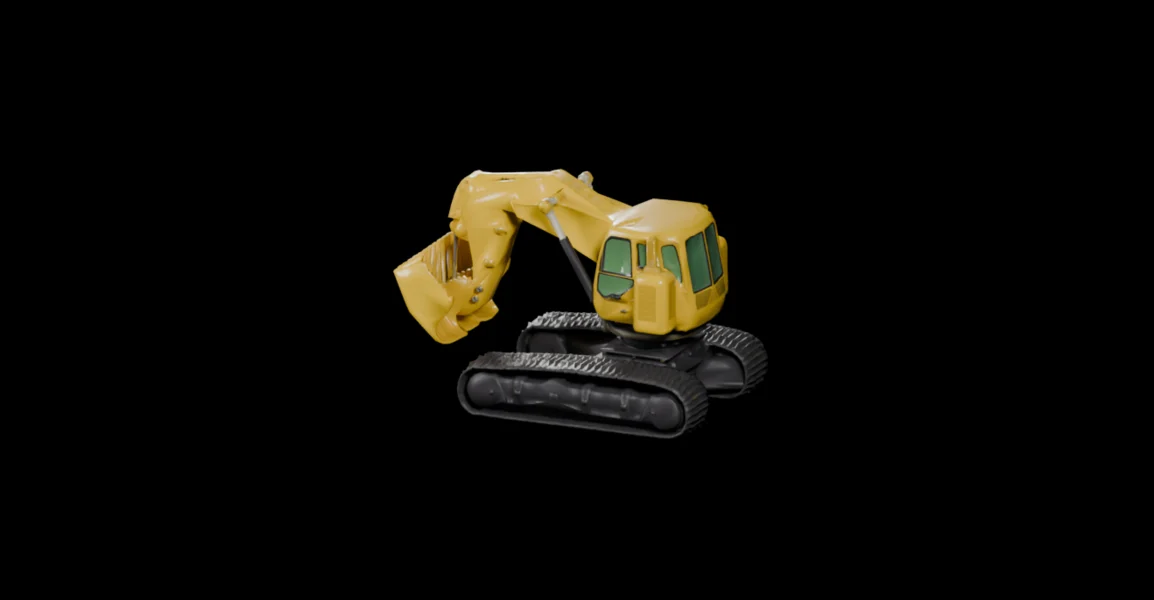 Ipinapakitang preview ng isang dilaw na construction excavator 3D na modelo na may mga bakal na track at isang hydraulic na braso